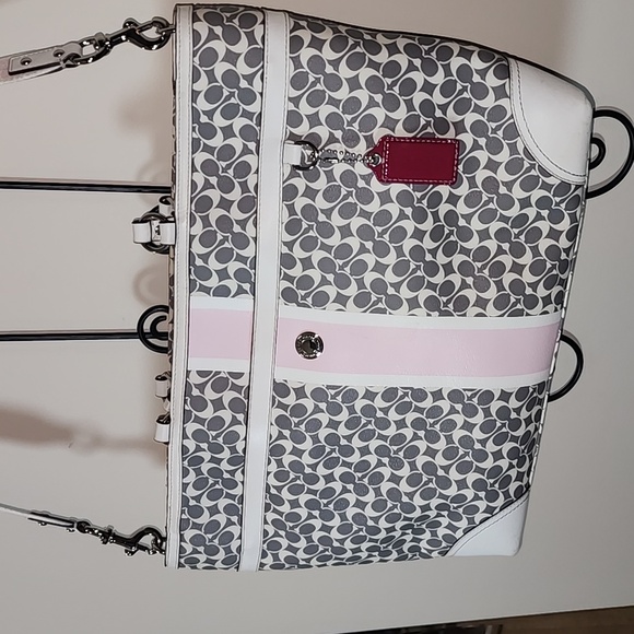 Coach Large Leather Pink Gray Business Work Tote Diaper Bag Signature C Rare - Picture 3 of 16